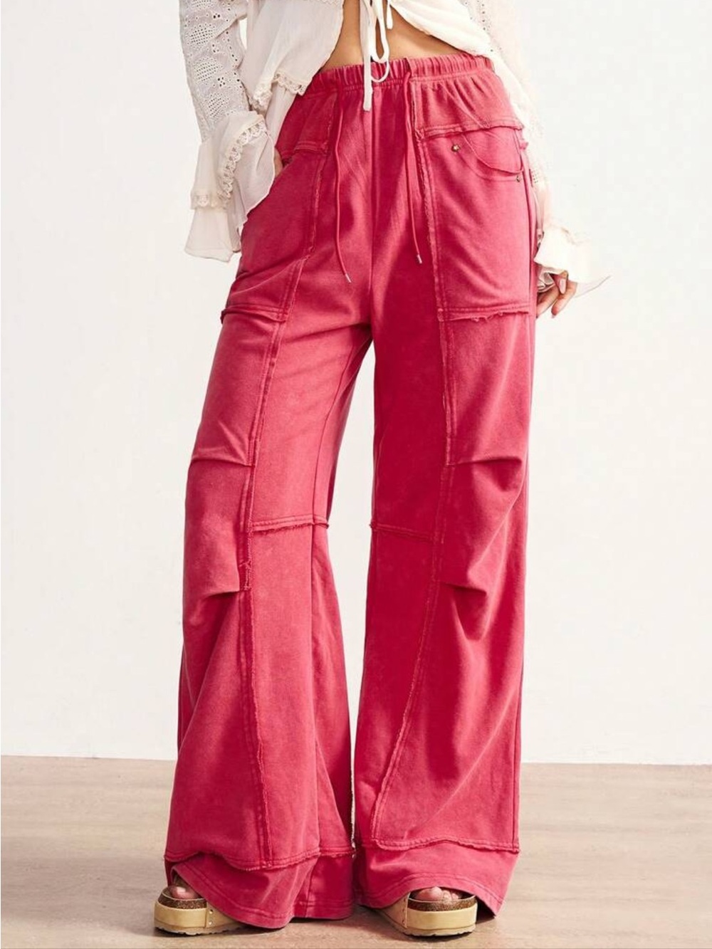 Wide-Leg Drawstring Boho Pants - Rose Red - Picture 4 of 11